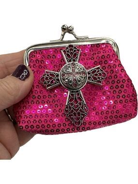 Hot Pink Sequin Coin Purse Silver Cross & 18mm Pink Cross Ginger Snap! NWT